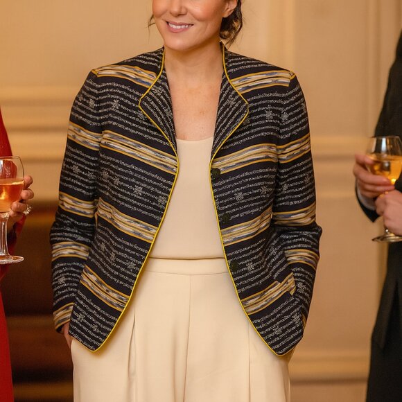 Adrianna Papell Vintage Silk Blazer Jacket Navy White Abstract Print Size Medium - Picture 2 of 12